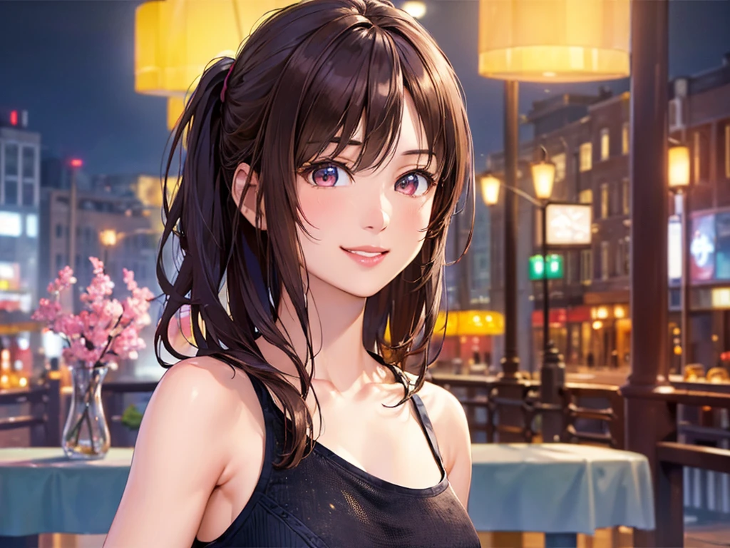 (masterpiece、Highest quality:1.2),Frame In、 Cowboy Shot, alone, One Girl, View your viewers, (Highest quality, 8k, Oil, Tabletop:1.2), Very detailed, (Realistic, Realistic:1.37), Vibrant colors, Pink Tank Top、Black ide Ponytail、Brown Hair、smile、Night cityscape、shopping