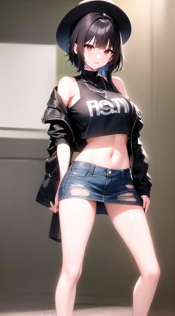 A woman in her fifties wearing a skirt and hat standing in a room, mini jean skirt, cropped shirt and jacket, Casual clothing style, Trendy clothes, wearing crop top and miniskirt, 2 0 2 0 Fashion, Wearing crop tops, Casual modern fashion, Wearing a sexy crop top, Ripped cropped t-shirt, Casual clothing, Wearing a straw hat