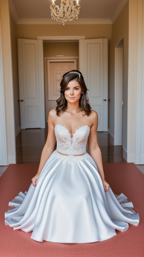 Kneeling woman, (((Above)))), Wedding dress, Brunette, (((looking at the viewer)))), blush makeup, fit, athletic body, woman is in a room