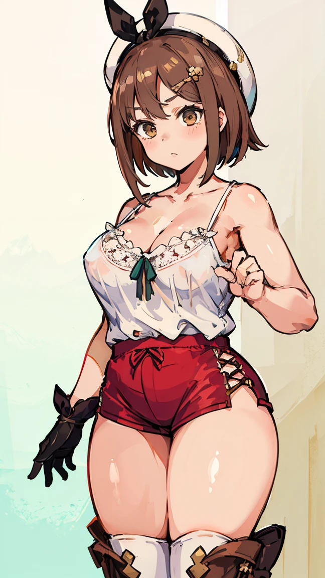 (Highest quality, 8k, masterpiece :1.3),Lizaリン・シュタウト(Lizaのアトリエ),Liza, One woman,Large Breasts,short hair,Brown Hair,hair band,Clothing,hat,White shirt,White camisole,Red shorts,Brown long boots,nsfw,Plump body,Thighs,Full Nelson Pose,Armlock,Piledriver