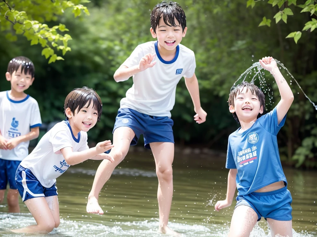 In the forest、 in the countryside、Swimming in the river、Bathing in water、水でGet wet all over、Cute eletary  boy、Boy in gym clothes、The bottom of the white T-shirt is blue、Blue shorts、The boys are playing、Get wet all over、The laughter of boys can be heard from afar、Splashing Water、Japanese、（Boy 1.4）、high resolution、Highest quality