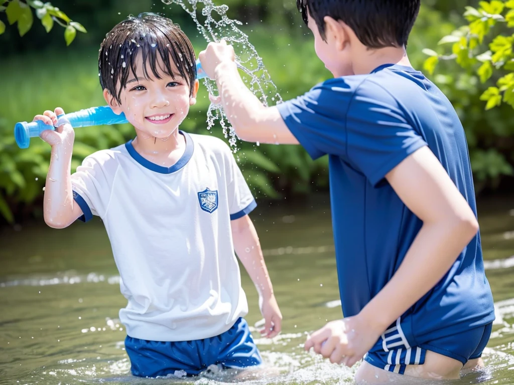 In the forest、Children in the countryside、Swimming in the river、Bathing in water、水でGet wet all over、Cute elementary school boy、10Year old boy、Boy in gym clothes、The bottom of the white T-shirt is blue、Blue shorts、The boys are playing、Get wet all over、The laughter of boys can be heard from afar、Splashing Water、Japanese、(Boy 1.4)、high resolution、Highest quality