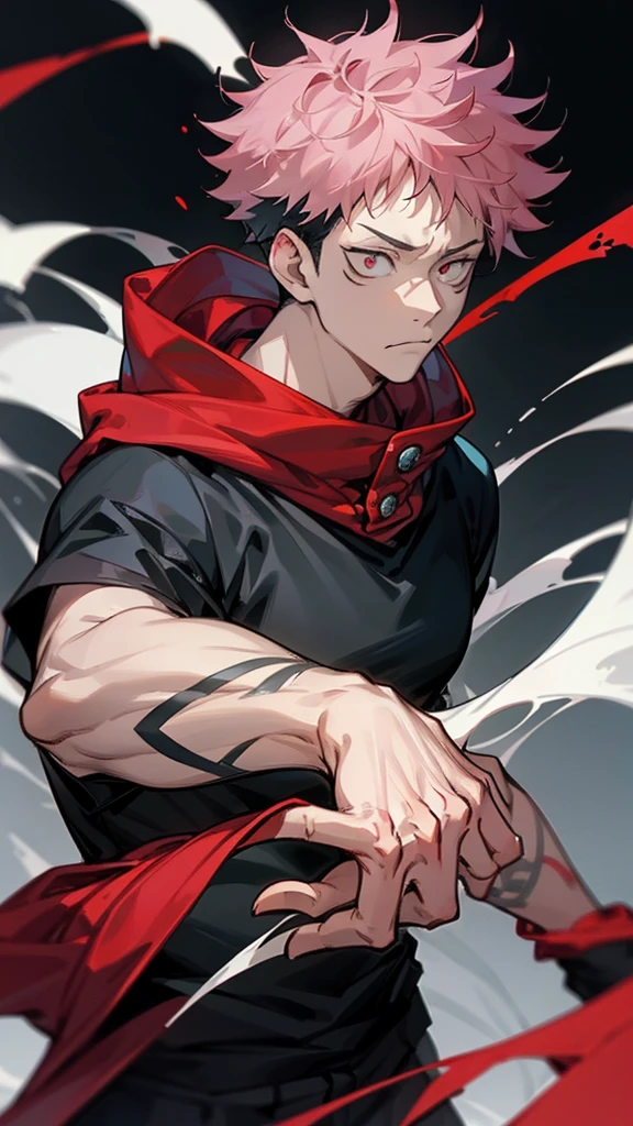 a male character named "ROYAMEN SUKUNA" in. "Jujutsu Kaisen" story series, has short, dry, pink hair, is dressed in a black hoodie with a red hoodie, has a tattoo on the face that resembles black abstract lines, and a curved tattoo on the wrist down to the chin with 4K HDR photo resolution, ANIME ,