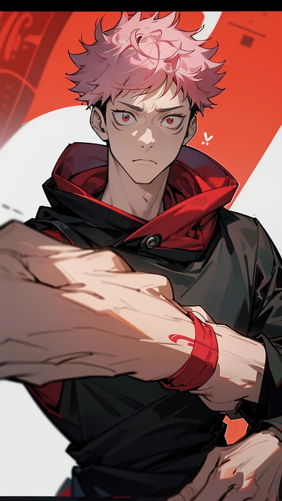 a male character named "ROYAMEN SUKUNA" in. "Jujutsu Kaisen" story series, has short, dry, pink hair, is dressed in a black hoodie with a red hoodie, has a tattoo on the face that resembles black abstract lines, and a curved tattoo on the wrist down to the chin with 4K HDR photo resolution, ANIME ,