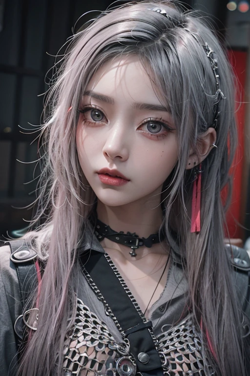 Highest quality、8k、masterpiece:1.3、Gothic Punk、The inside color is red、Gray Black Hair、hair ornaments、Beautiful girl、creative、Punk Style、Neogoth、Goth Fashion:0.8、High resolution、masterpiece、Highest quality、頭w:1.3、((Hasselblad Photos))、Fine skin、Sharp focus、(Cinematic lighting)、shirt, Shoulder out, With modest breasts