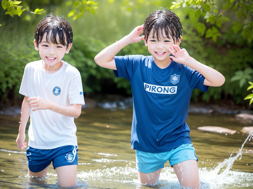 In the forest、 in the countryside、Swimming in the river、Bathing in water、水でGet wet all over、Cute eletary boy、Boy in gym clothes、The bottom of the white T-shirt is blue、Blue shorts、The boys are playing、Get wet all over、The laughter of boys can be heard from afar、Splashing Water、Japanese、(Boy 1.4)、high resolution、Highest quality