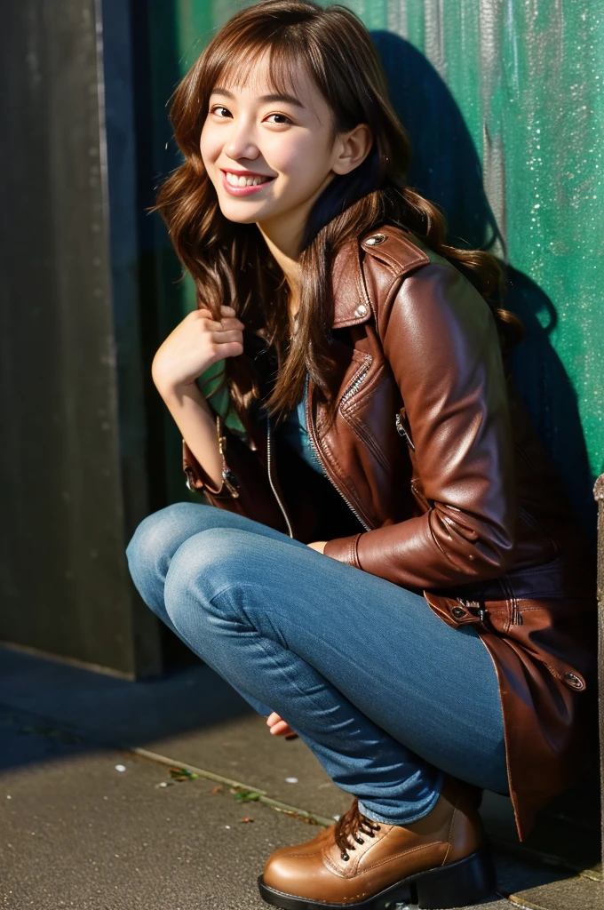 ((realism)), Lips, Detailed Background, One Girl, Lily Larimar crouching in a dark alley, Natural Breasts, dressed in leather jacket, (Checked skirt), Leather boots, 、Slime-ified、Slender、Long, straight light brown hair, (A kind smile), Look at the viewers, wide waist, Spread your legs