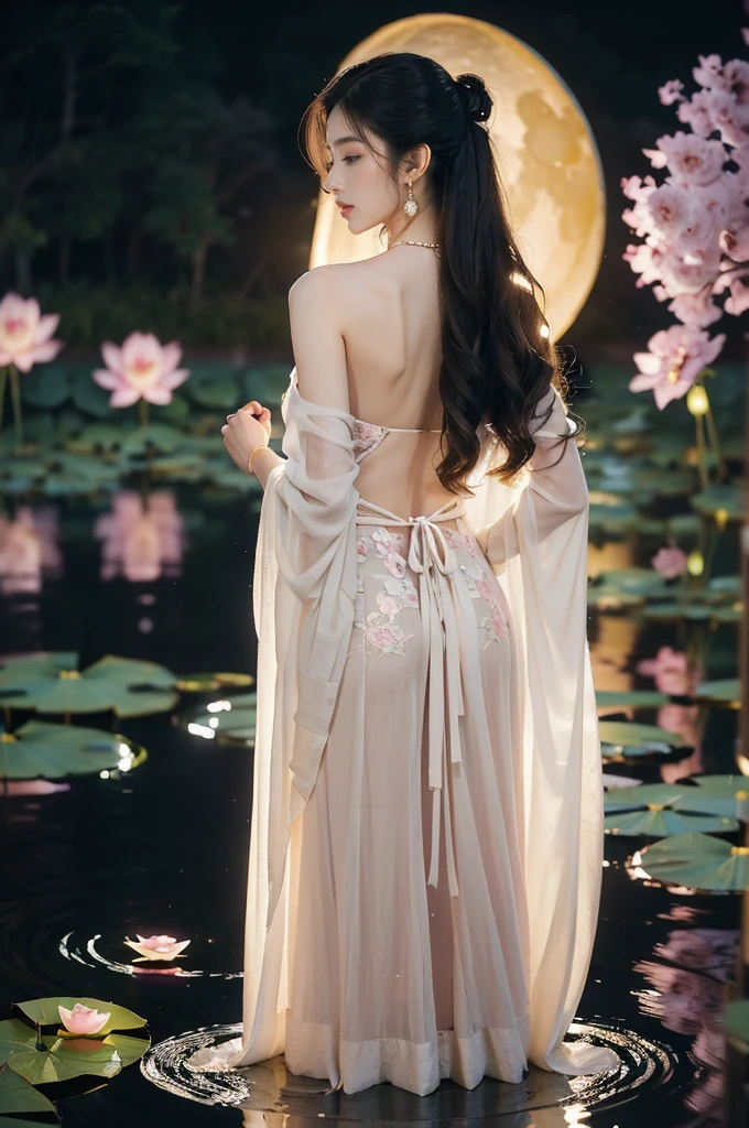 (((best quality))),(((ultra detailed))),(((masterpiece))),illustration,((1 beautiful young girl,solo)),((slim,thin)),(shoulder length straight hair:1.2),((earrings,necklace)),((bare back,towering hips,butt crack,shoulder off)),(see through traditional pink sheer Hanfu dress:1.3),(beside the lotus pond full of lotus flowers:1.3), serene moonlight, ethereal,floral pattern, water movement, billowing fabric, tranquil, moon reflection, petals, fireflies, magical, light,warm light, dreams, invitation, standing, gazing, reflection, inner thoughts, emotional, sweet scent, natural beauty, solitude, hypnotic lull, eternal summer, (night scene:1.3), natural world, human spirit, celebration, backdrop, water, glow,((from back,upper body))