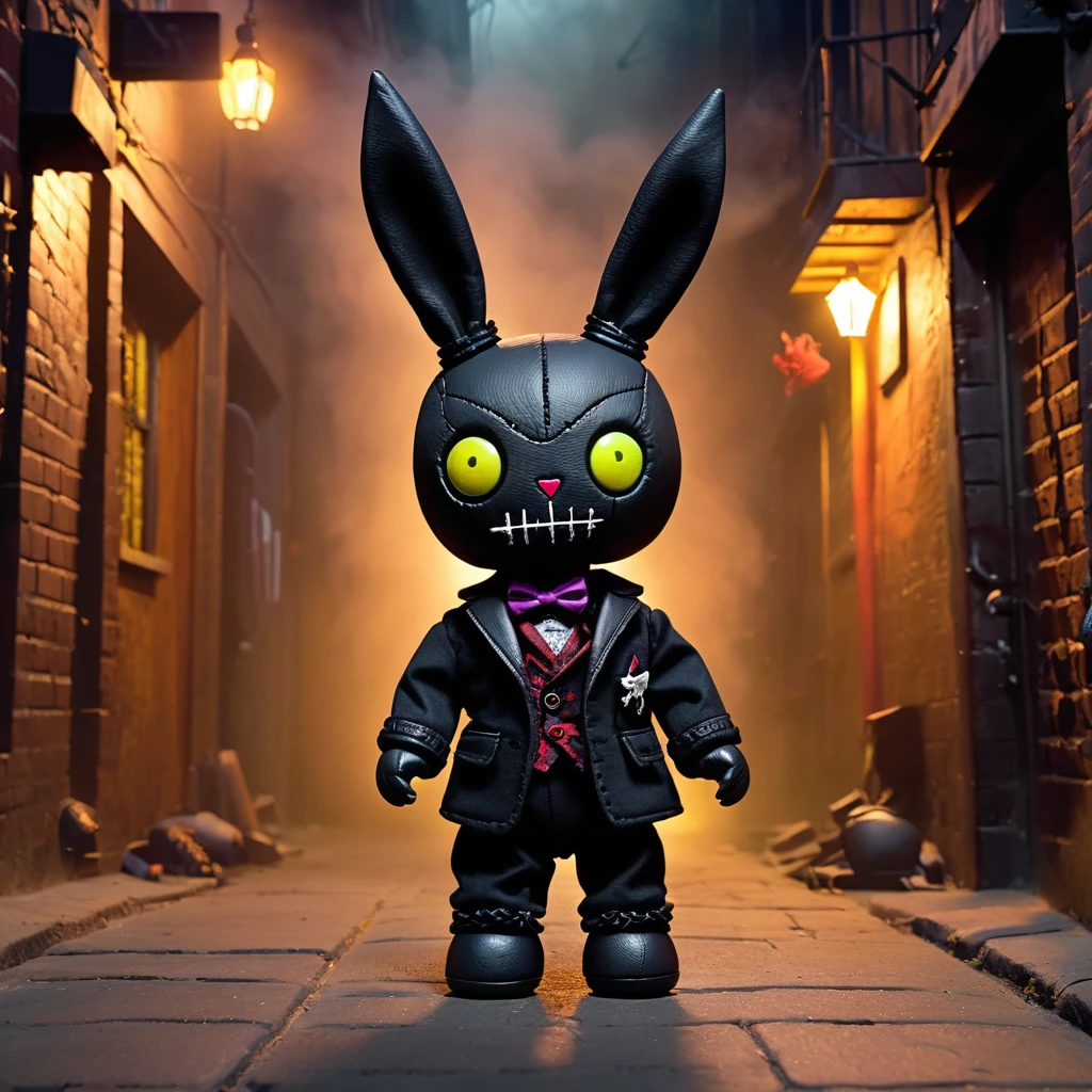 (knitted toy voodoo doll:1.7), (Voodoo Rabbit Assassin:1.3), (Clothing: tattered stealth suit with dark patterns:1.0), (Accessories: enchanted daggers, glowing sinister smoke bombs:1.2), (background: eerie alleyway with floating, glowing spectral shadows and creepy mist:1.2), best quality, masterpiece, detailed soft oil painting, detailed background, dramatic cinematic lighting, soft edge lighting, professional, dramatic lighting, hard edge lighting, ultra quality, 4k, masterpiece, best quality, 8k, ultra high definition, high resolution, extremely detailed