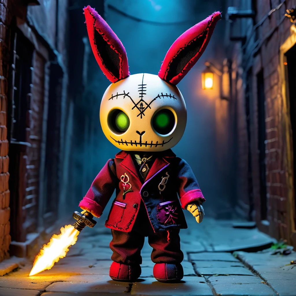 (knitted toy voodoo doll:1.7), (Voodoo Rabbit Assassin:1.3), (Clothing: tattered stealth suit with dark patterns:1.0), (Accessories: enchanted daggers, glowing sinister smoke bombs:1.2), (background: eerie alleyway with floating, glowing spectral shadows and creepy mist:1.2), best quality, masterpiece, detailed soft oil painting, detailed background, dramatic cinematic lighting, soft edge lighting, professional, dramatic lighting, hard edge lighting, ultra quality, 4k, masterpiece, best quality, 8k, ultra high definition, high resolution, extremely detailed