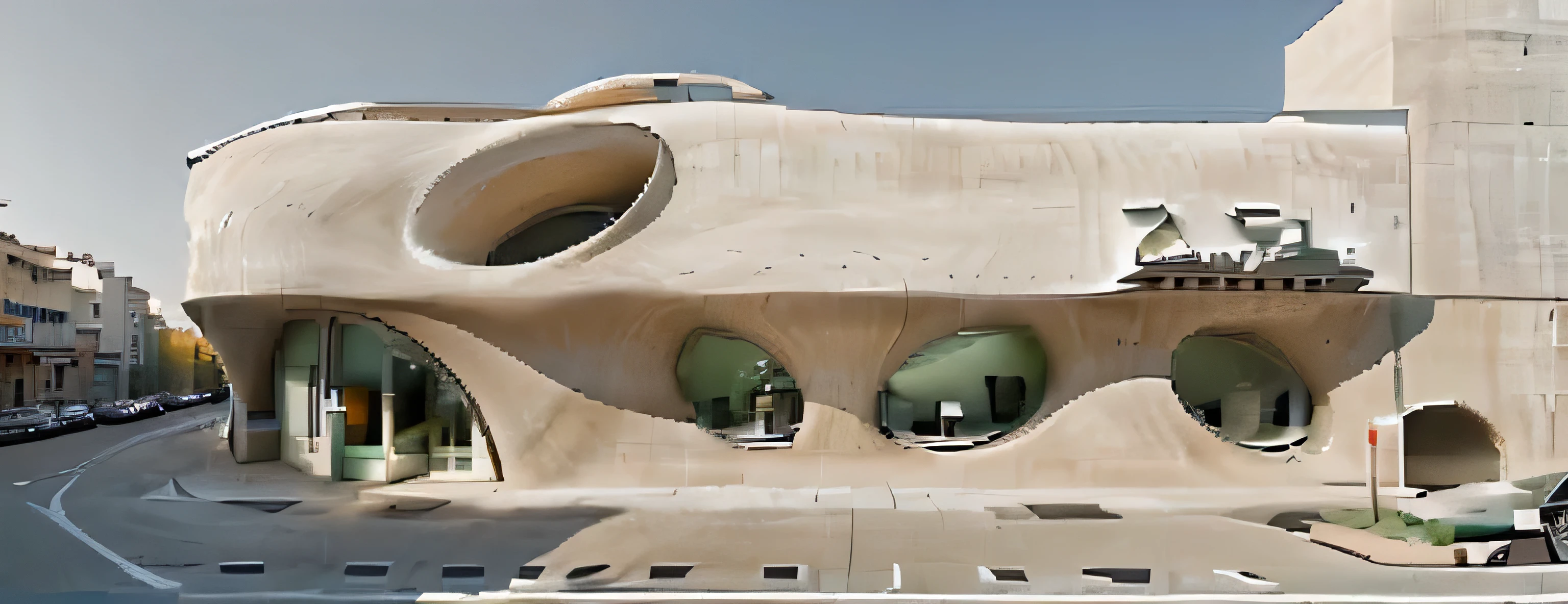 cinematic, canon EOS 5d, minimalistic retail shop facede design, monochromatic color on facade walls, round shape (by gaudi, by zaha hadid, soft shapes,concrete,minimalist architecture, beige lime concrete)