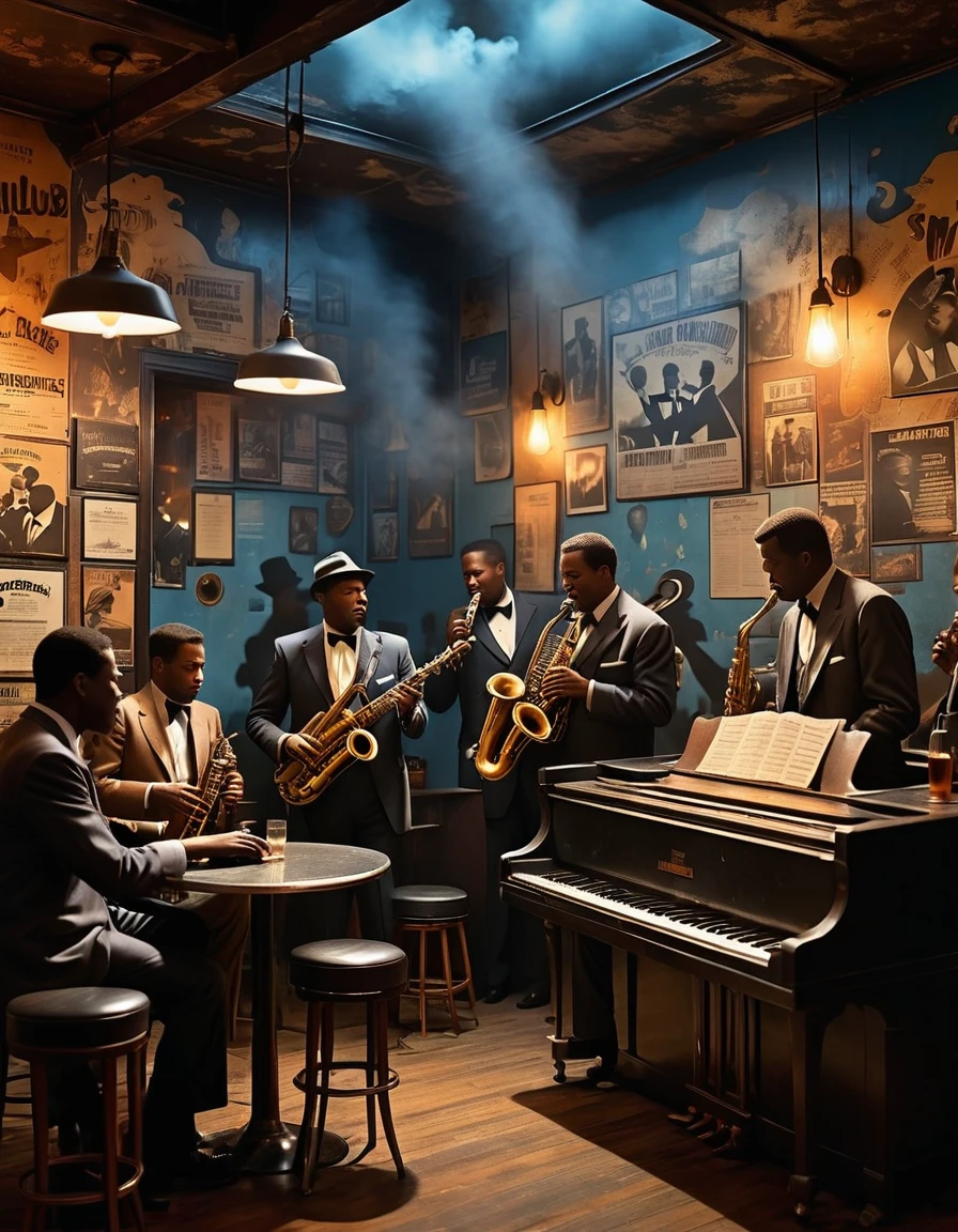 A weathered mural depicting a smoky jazz club, lit by flickering lamplight. Blues musicians, silhouetted against the dusty backdrop, play tunes that bleed out of vinyl records plastered on the grimy wall. Patrons, bathed in the glow of the dimly lit bar, sway in the background. - Vintage jazz poster aesthetic, photorealistic
