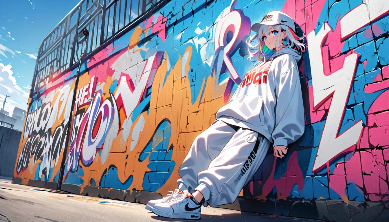 HD 8k Handsome sexy cute er16:9, Solitary, 1 female, Medium Length Hair, white hair, Rainbow hair, blue Eyes, hoodie, colored hoodie, White Trucker Hat, hip-hop style big white tank top white big pants, NIKE is sneakers, Human focus, outdoor, blue sky, White clouds, HD 8K graffiti Popularity spray art wall,