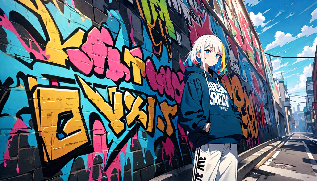 HD 8k Handsome sexy cute er16:9, Solitary, 1 female, Medium Length Hair, white hair, Rainbow hair, blue Eyes, hoodie, colored hoodie, White Trucker Hat, hip-hop style big white tank top white big pants, NIKE is sneakers, Human focus, outdoor, blue sky, White clouds, HD 8K graffiti Popularity spray art wall,