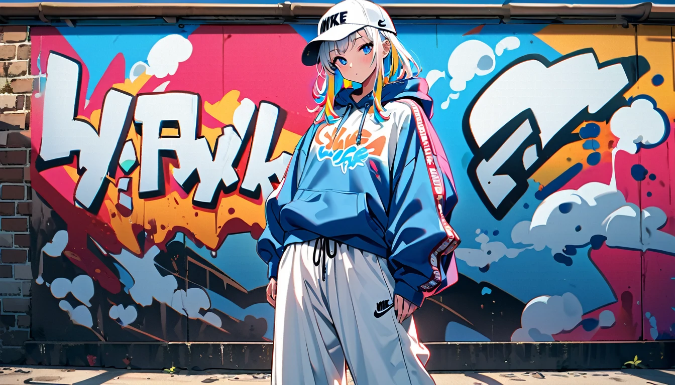 HD 8k Handsome sexy cute er16:9, Solitary, 1 female, Medium Length Hair, white hair, Rainbow hair, blue Eyes, hoodie, colored hoodie, White Trucker Hat, hip-hop style big white tank top white big pants, NIKE is sneakers, Human focus, outdoor, blue sky, White clouds, HD 8K graffiti Popularity spray art wall,