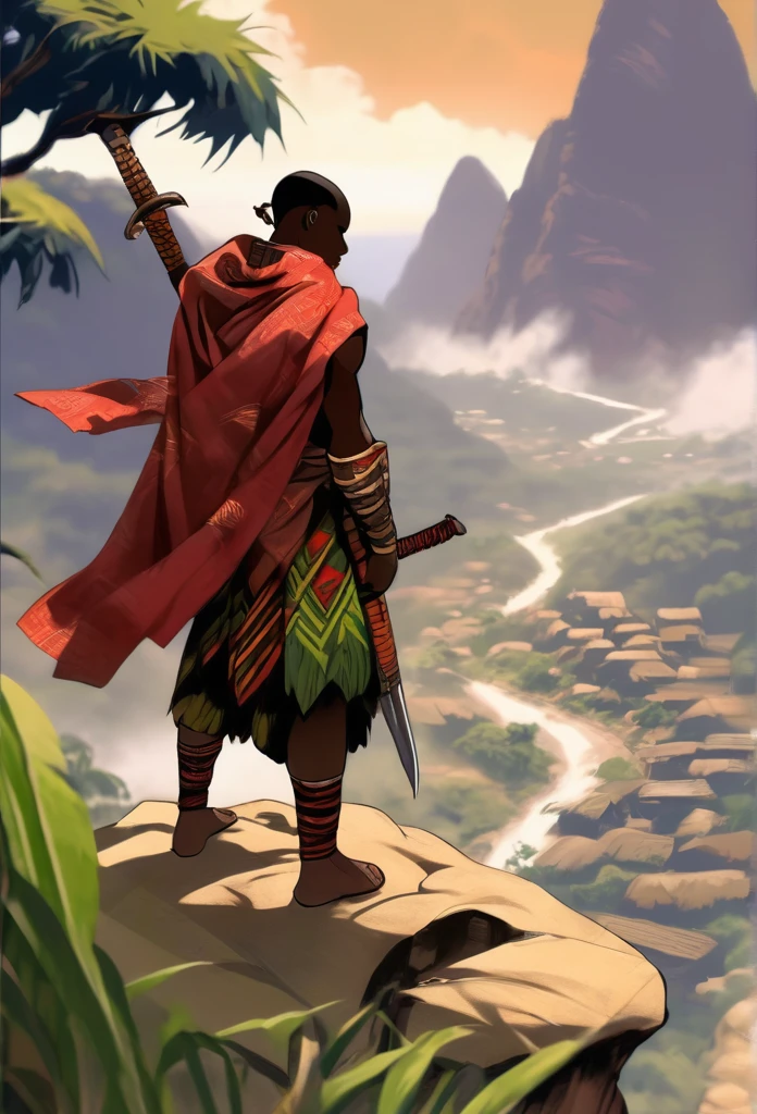 Ultra Realistic, Highly Defined Details, Jungle Tribal Village In The Foreground, Shadowy Distant Back Drop, Rainforest Sensory, Mellow Color Shading Capturing the Mode, Young Adult African Male Villager, Bent Over, Climbing With Hands, Snowy Mountain Peaks, Windy Snow, On Hands and Knees Climbing Ultra Realistic, Highly Defined Details, Mellow Color Shading Capturing the Mode, Young Adult African Male Villager, Standing Cliff Side View Of the Valley Below, Bone chest plate armor, Lightly armored belt buckle dagger in a sheath, Bone carved Hilt, Long Curved Sword, wrapped in crimson cloth Worn On the Back, Dark Torn Crimson Cloak, Climbing In The Windy Sean, Leaves Blowing