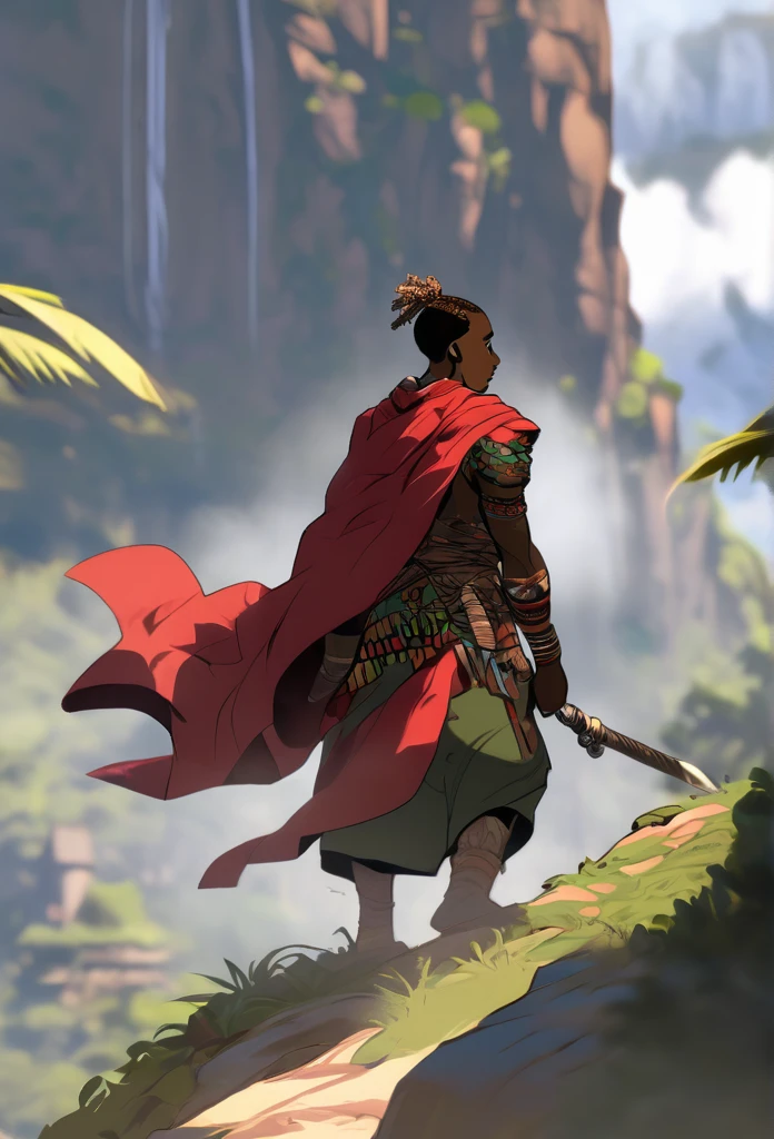 Ultra Realistic, Highly Defined Details, Jungle Tribal Village In The Foreground, Shadowy Distant Back Drop, Rainforest Sensory, Mellow Color Shading Capturing the Mode, Young Adult African Male Villager, Bent Over, Climbing With Hands, Snowy Mountain Peaks, Windy Snow, On Hands and Knees Climbing Ultra Realistic, Highly Defined Details, Mellow Color Shading Capturing the Mode, Young Adult African Male Villager, Standing Cliff Side View Of the Valley Below, Bone chest plate armor, Lightly armored belt buckle dagger in a sheath, Bone carved Hilt, Long Curved Sword, wrapped in crimson cloth Worn On the Back, Dark Torn Crimson Cloak, Climbing In The Windy Sean, Leaves Blowing