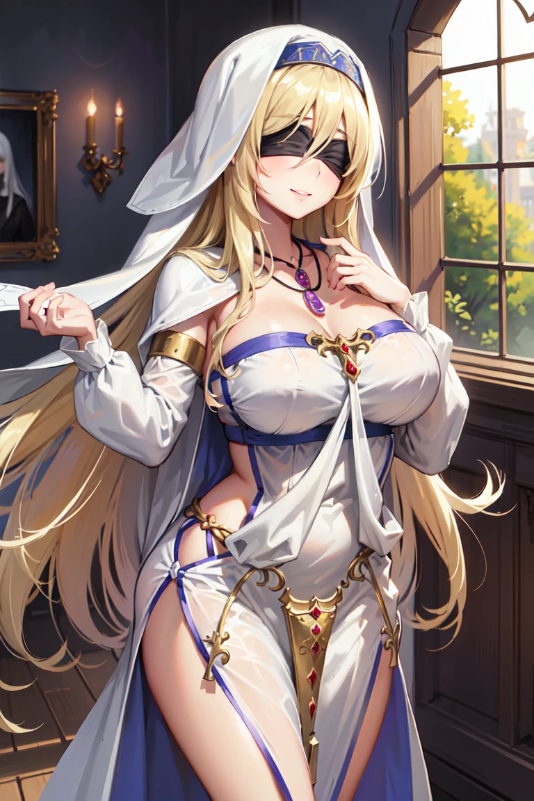 (masterpiece, Highest quality, Shine光, Shine, Shine肌, Super detailed, Detailed Background, Complex background),(Perfect Face, Detailed face, Detailed eyes,Perfect hands,Perfect Fingers), (Big Breasts:1.2,smile),(Mature Woman:1.4),Cowboy Shot,thick,Cleavage, Hand-held sword_Otome,((Gradient Hair)), mascara, (Fashion Makeup), Lips parted, Long Hair, Blindfold, dress, white dress, habit, jewelry, black Blindfold, necklace, Removable sleeves
((guild, guildルーム, Quest Board, window, Road View, Medieval)),((super Detailed Background)), Dynamic pose, ((8k wallpaper)),