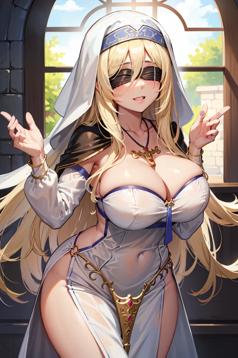 (masterpiece, Highest quality, Shine光, Shine, Shine肌, Super detailed, Detailed Background, Complex background),(Perfect Face, Detailed face, Detailed eyes,Perfect hands,Perfect Fingers), (Big Breasts:1.2,smile),(Mature Woman:1.4),Cowboy Shot,thick,Cleavage, Hand-held sword_Otome,((Gradient Hair)), mascara, (Fashion Makeup), Lips parted, Long Hair, Blindfold, dress, white dress, habit, jewelry, black Blindfold, necklace, Removable sleeves
((guild, guildルーム, Quest Board, window, Road View, Medieval)),((super Detailed Background)), Dynamic pose, ((8k wallpaper)),