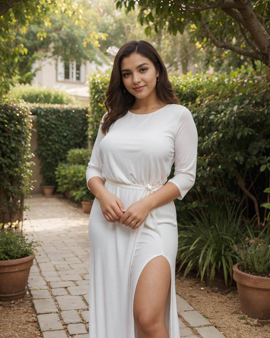 Beautiful Moroccan with dark brown eyes, 28 years old, woman in a black long dress, red dress, stylish white long dress, full body view, elegant black long dress, , realistic place, garden, romantic setting, almond-shaped eyes, oval face shape, plus size body, extra large body, XXL body, prominent cheekbones, naturally wavy hair, high resolution, masterpiece, best quality, complex details, highly detailed, sharpness, detailed skin texture, eye details, profession, 4k resolution, charming smile, shot with Conon, depth of field, kodak vision color, 100kg, extremely detailed, ultra-realistic photography ,photo realistic, post processing, maximum detail, true to life