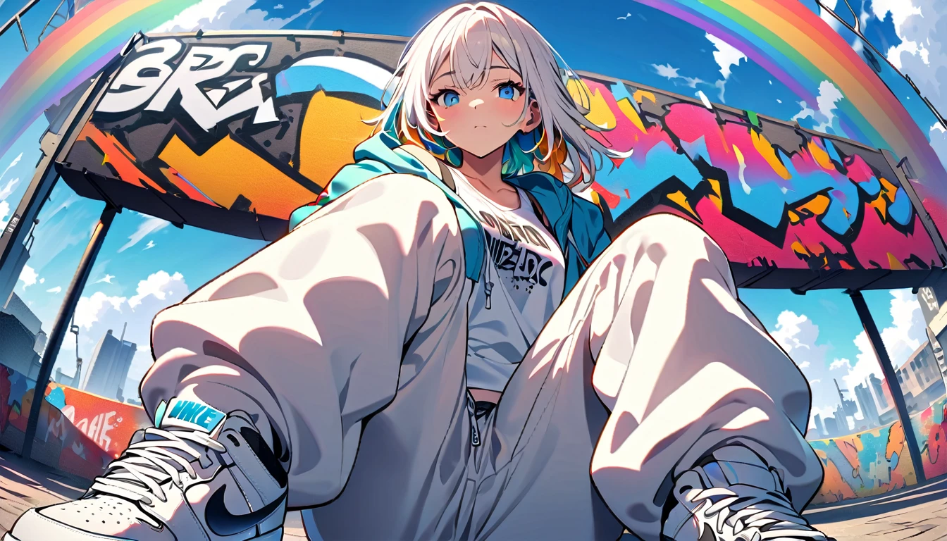 HD 8k Handsome sexy cute er9:16, Solitary, 1 female, Medium Length Hair, white hair, Rainbow hair, blue Eyes, hoodie, colored hoodie, White Trucker Hat, hip-hop style big white tank top white big pants, NIKE is sneakers, Human focus, outdoor, blue sky, White clouds, HD 8K graffiti Popularity spray art wall,