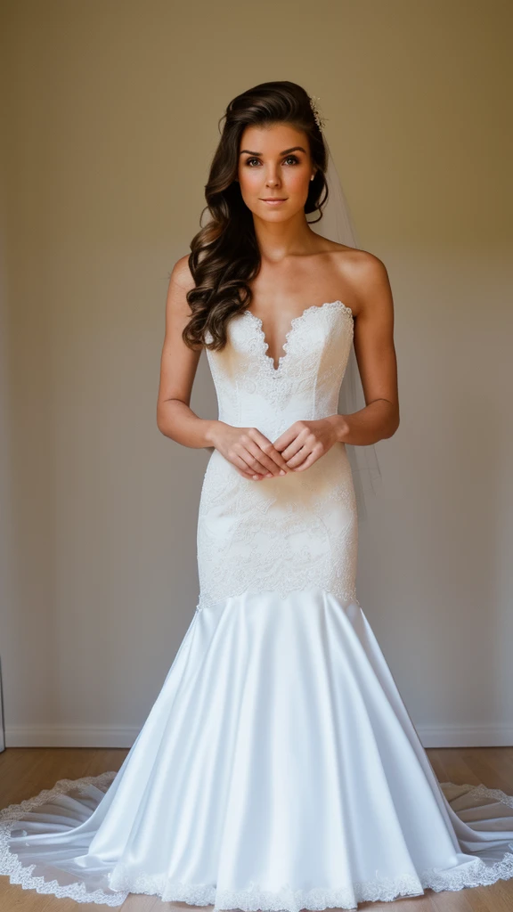 Kneeling woman, (((Above)))), Wedding dress, Brunette, (((looking at the viewer)))), blush makeup, fit, athletic body, woman is in a room