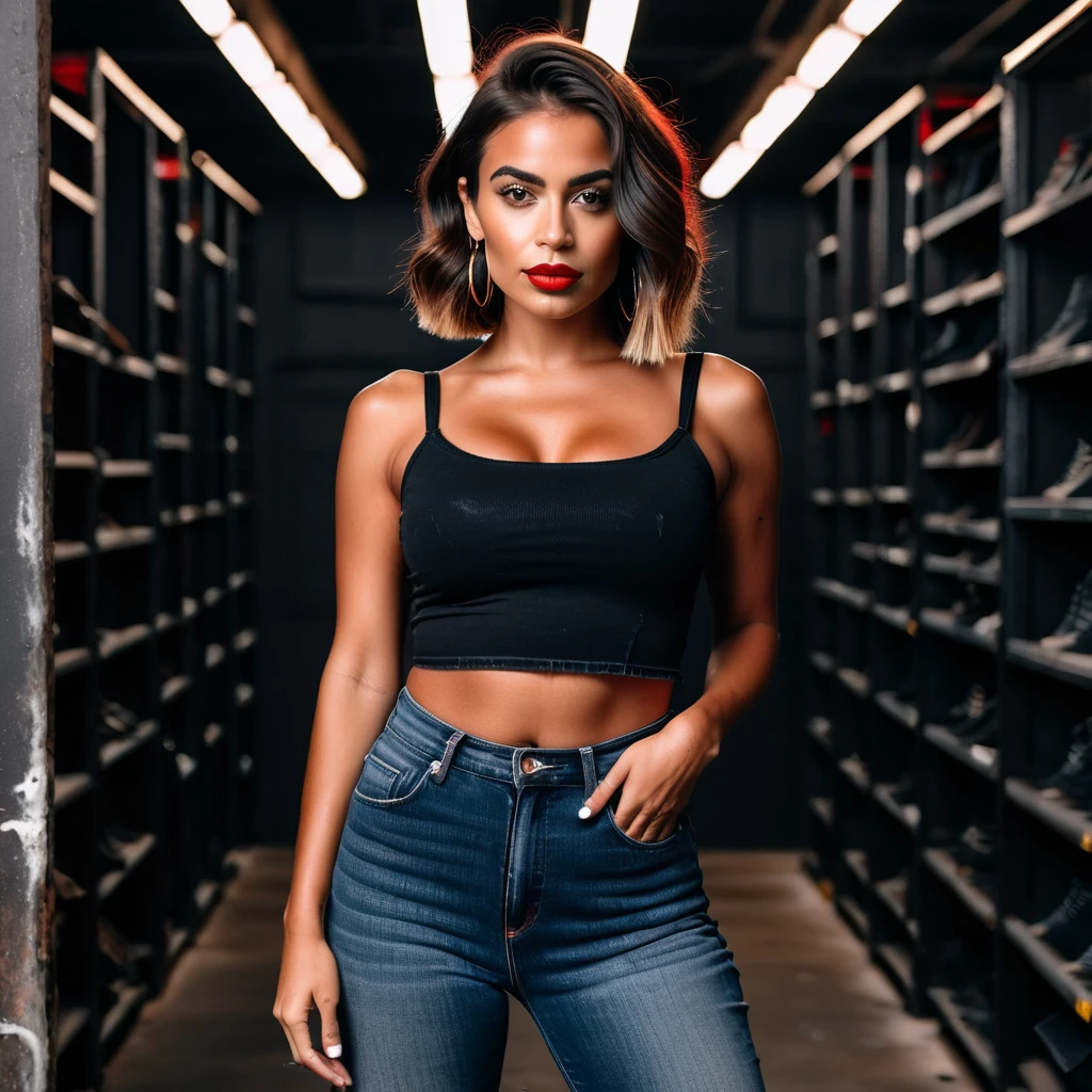 zPDXL2, zPDXLpg, zPDXLrl, A portrait photo of a 26-year-old influencer posing in jeans and red croptop, as pitch-black looms behind her. This tanned stunner features a (hourglass silhouette), (large breasts), firm build, and a choppy-messy bob.