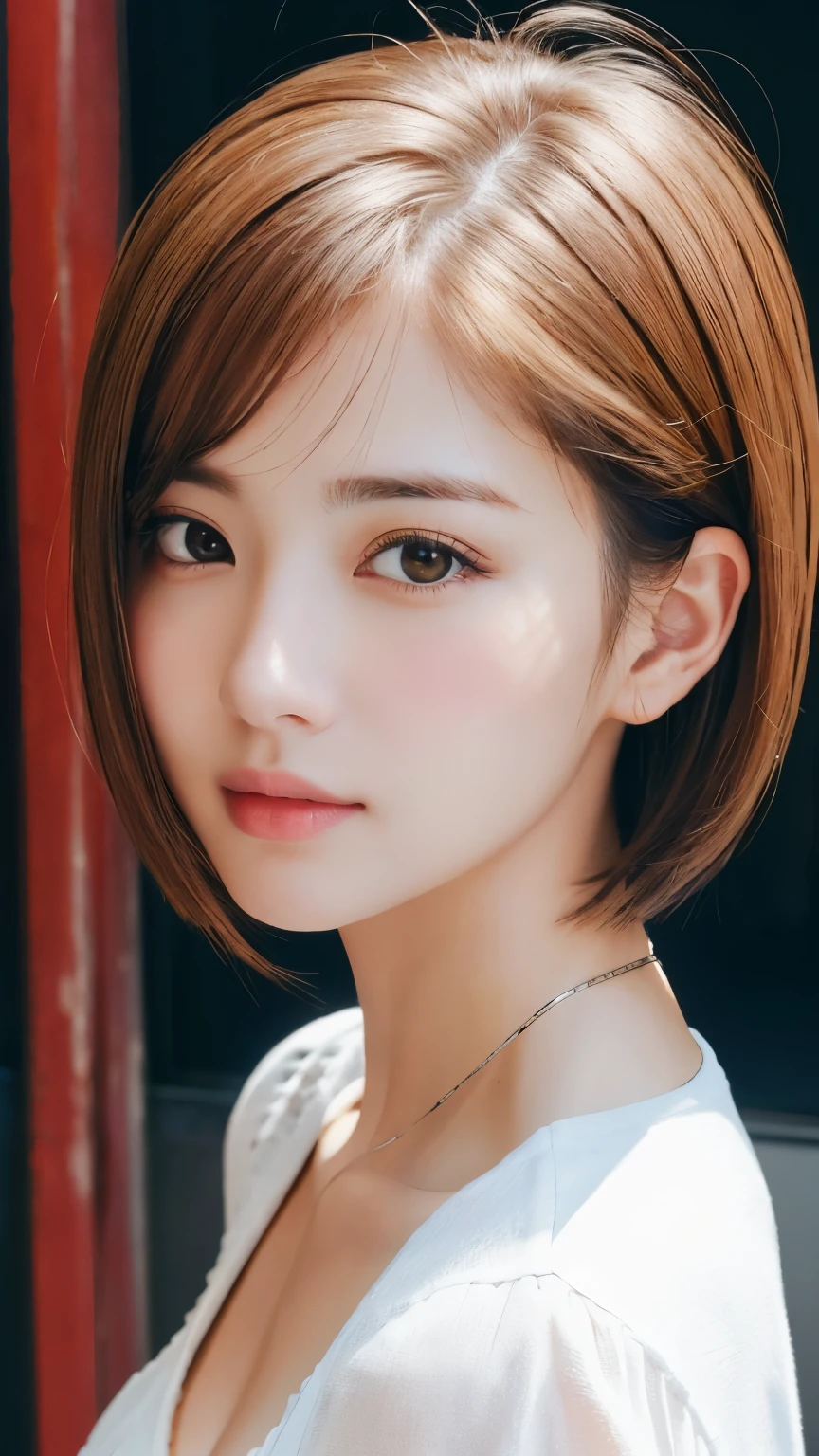 masterpiece、Highest quality、High resolution、Tabletop、wallpaper、Realistic、Bright lighting、Professional Lighting、Face Light、Smooth lighting、Japanese women、Adult、Beautiful woman、action、gravure、sexy、Cool look、moderate、Trendy clothes、poor、so beautiful、Beautiful Skin、Beautiful and detailed、Detailed face、slim、moderately、short hair、Silver Hair、Brown eyes、Looking at the camera、I have a lemon
