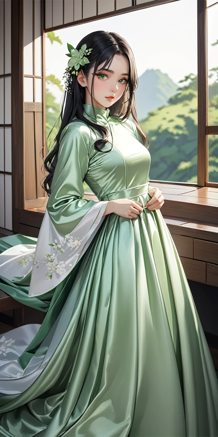 Portraiture、(masterpiece,Highest quality,Ultra-high resolution),Japanese women, (((Very beautiful 25 year old girl))),She is wearing a long-sleeved dress made of shiny pale green satin.