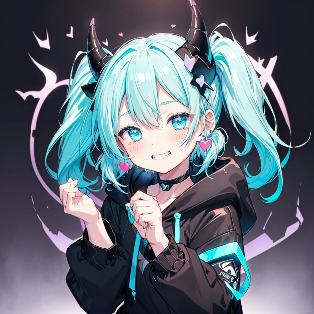 ((((jagged、Open your mouth、Grin background、shining heart front)))) (((Black hoodie、Wearing a hood Devil horns Twin tails、Neon Blue Neon Blueの目 Heart pose with both hands))) ((Shiny Earrings Small black ribbon)) Shining Edges 輝くbackground