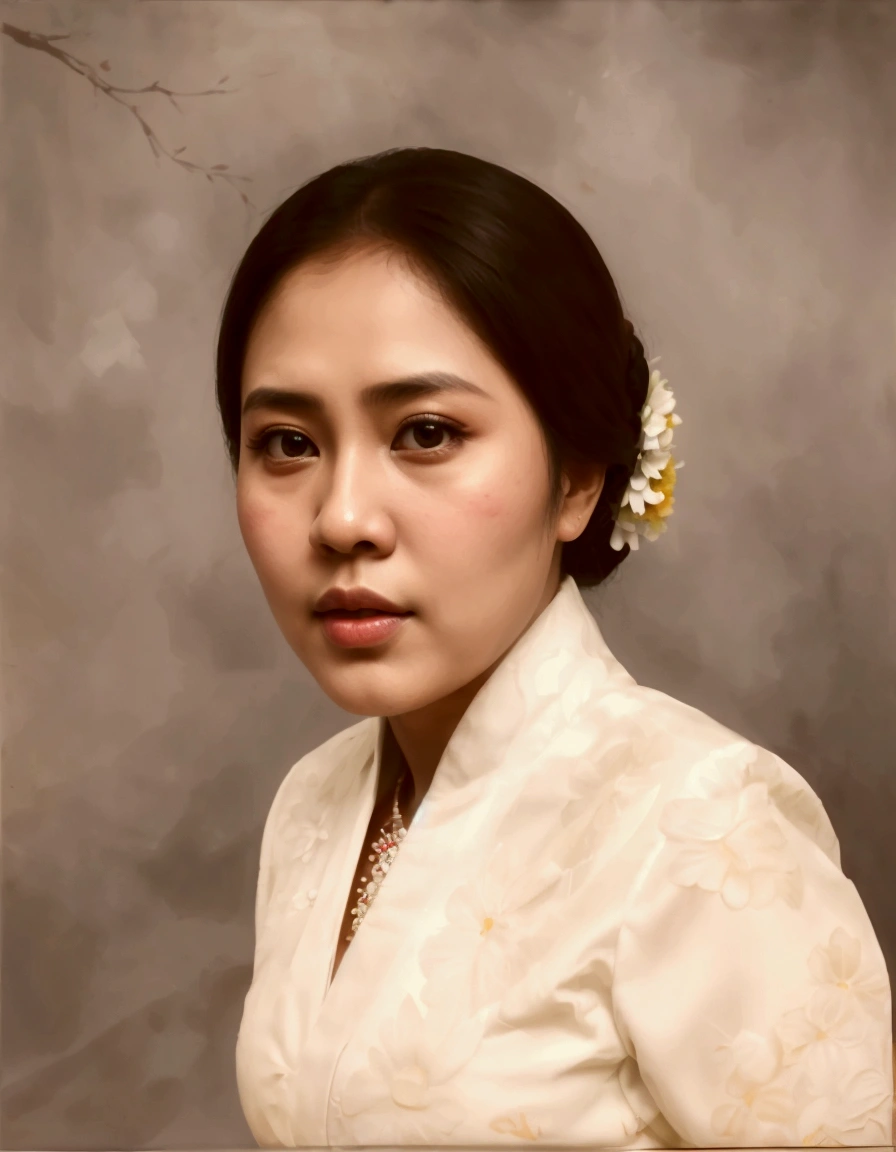 arafed photo of a woman in a white dress with a flower in her hair, portrait of modern darna, inspired by Basuki Abdullah, color portrait, traditional portrait, detailed color portrait, inspired by Sasha Putrya, in a oil painting style, potrait, inspired by I Ketut Soki, traditional beauty, inspired by Oka Yasutomo