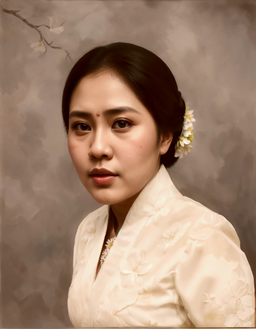 arafed photo of a woman in a white dress with a flower in her hair, portrait of modern darna, inspired by Basuki Abdullah, color portrait, traditional portrait, detailed color portrait, inspired by Sasha Putrya, in a oil painting style, potrait, inspired by I Ketut Soki, traditional beauty, inspired by Oka Yasutomo
