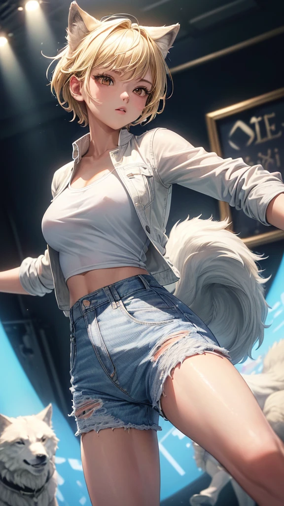 (masterpiece, highest quality, ultra high res, ultra detailed:1.3), 1 cute girl, ideal ratio body proportions, blonde short hair, white shirt, jacket, denim pants, (dancing with wolves:1.2), (dancing wolves:1.4), wilderness, 