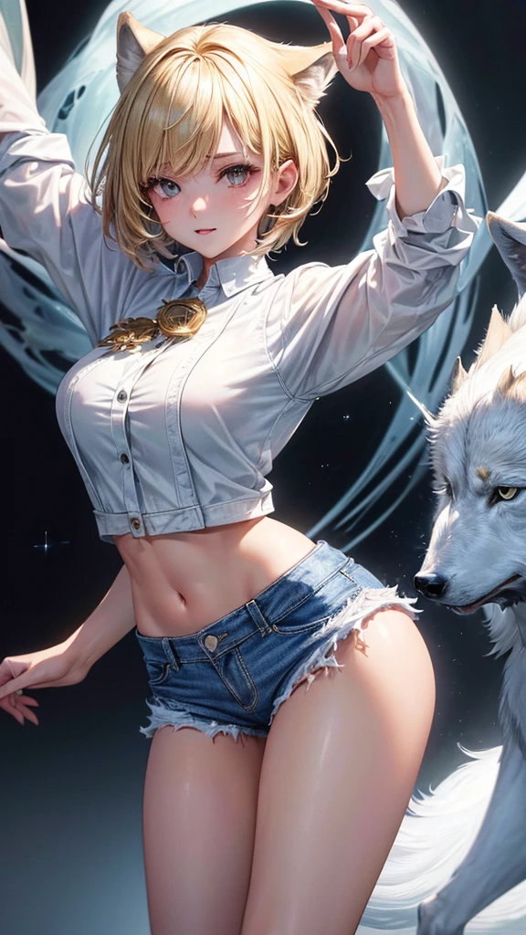 (masterpiece, highest quality, ultra high res, ultra detailed:1.3), 1 cute girl, ideal ratio body proportions, blonde short hair, white shirt, jacket, denim pants, (dancing with wolves:1.2), (dancing wolves:1.4), wilderness, 