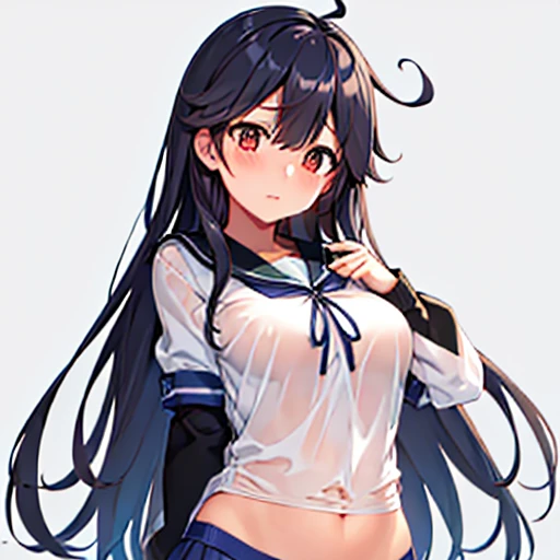 Highest quality, masterpiece, High resolution, 一人in, {Ushio_Fleet Collection:1.15}, length_hair, black_hair, Ahoge, brown_eye, blush, chest, Seraphim, big_chest, One girl, School_uniform, Looking_in_Audience, Simple_background, upper_body, white_background