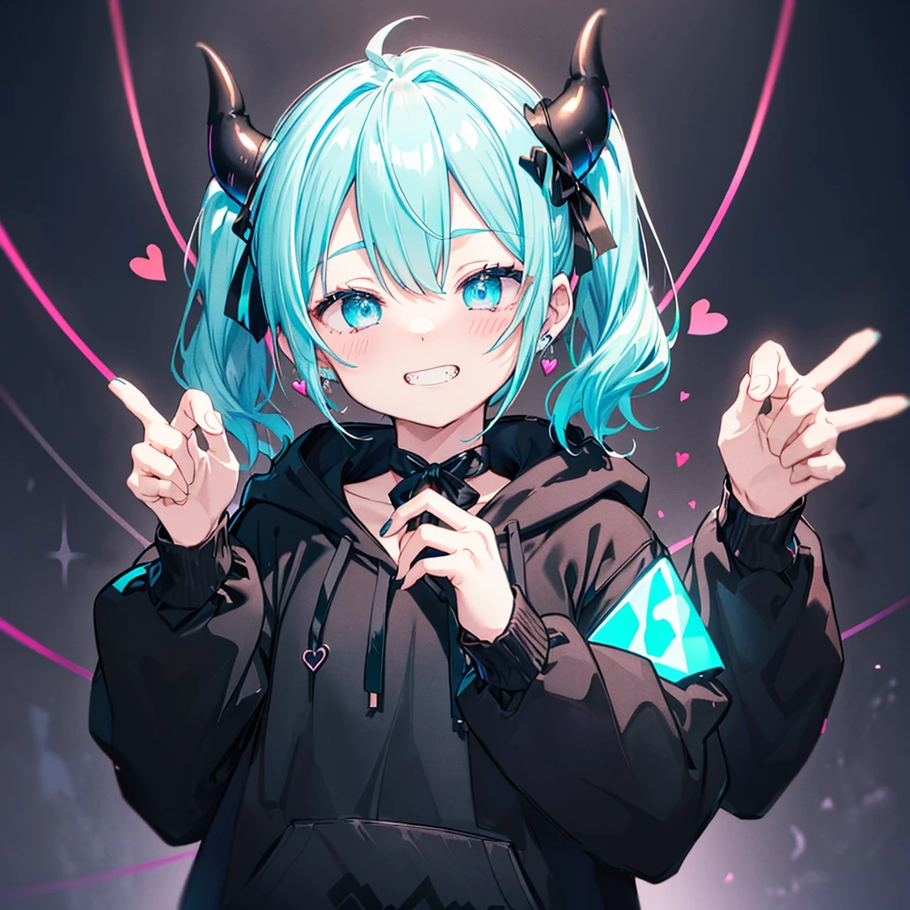 ((((jagged、Open your mouth、Grin　background、shining heart　front))))　(((Black hoodie、Wearing a hood　Devil horns　Twin tails、Neon Blue　Neon Blueの目　Heart pose with both hands)))　((Shiny Earrings　Small black ribbon))　Shining Edges　輝くbackground