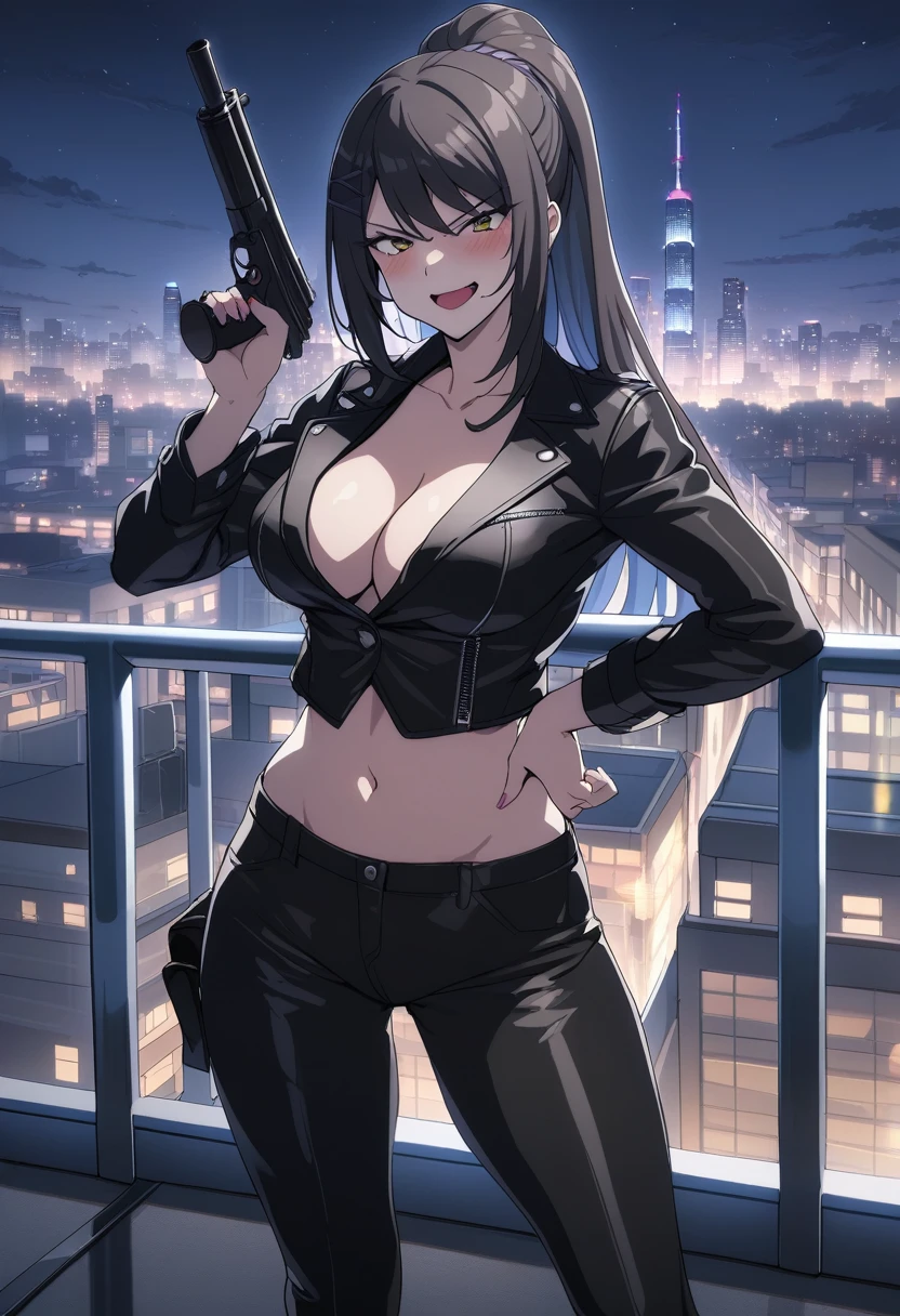 chabashira, 1girl, long hair, black hair, blush, lipstick, outdoors, rooftop, cityscape, building, railing, night, night sky, scenery,  city lights, blush, lipstick, masterpiece, best quality, highly detailed, a girls with a gun, evil smile , open mouth, sexy gaze, badass
pose , evil smile, smile, (nsfw) not safe for work, guns blazing, anime girl with long hair, beautiful long
haired girl, navel, evil expression, exposed belly, exposed navel, exposed midriff, exposed lower belly,
long black pants, crop top, cleavage, unbuttoned leather pants ,open fly, low rise black leather pants,
leather jacket, holding a gun, holding pistol, 