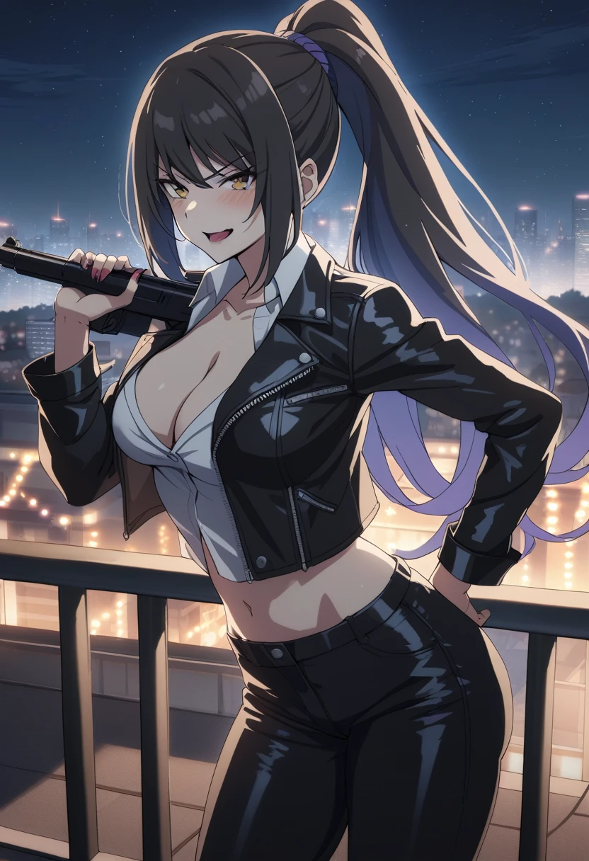 chabashira, 1girl, long hair, black hair, blush, lipstick, outdoors, rooftop, cityscape, building, railing, night, night sky, scenery,  city lights, blush, lipstick, masterpiece, best quality, highly detailed, a girls with a gun, evil smile , open mouth, sexy gaze, badass
pose , evil smile, smile, (nsfw) not safe for work, guns blazing, anime girl with long hair, beautiful long
haired girl, navel, evil expression, exposed belly, exposed navel, exposed midriff, exposed lower belly,
long black pants, crop top, cleavage, unbuttoned leather pants ,open fly, low rise black leather pants,
leather jacket, holding a gun, holding pistol, 