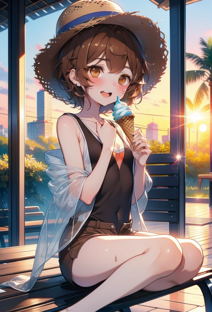 Lililukarde, Liliruka gets burned, , (Brown eyes:1.7), Brown Hair, (Flat Chest:1.2), smile,blush,Open your mouth,Straw hat,short hair,Brown tank top,Shorts,Holding ice cream in both hands,Heeled Sandals,Sitting on a bench,sunset,evening,The sun is setting,whole bodyがイラストに入るように,
break looking at viewer,whole body,
break outdoors, Building district,Palm tree,Tropical,
break (masterpiece:1.2), Highest quality, High resolution, unity 8k wallpaper, (figure:0.8), (Beautiful attention to detail:1.6), Highly detailed face, Perfect lighting, Highly detailed CG, (Perfect hands, Perfect Anatomy),