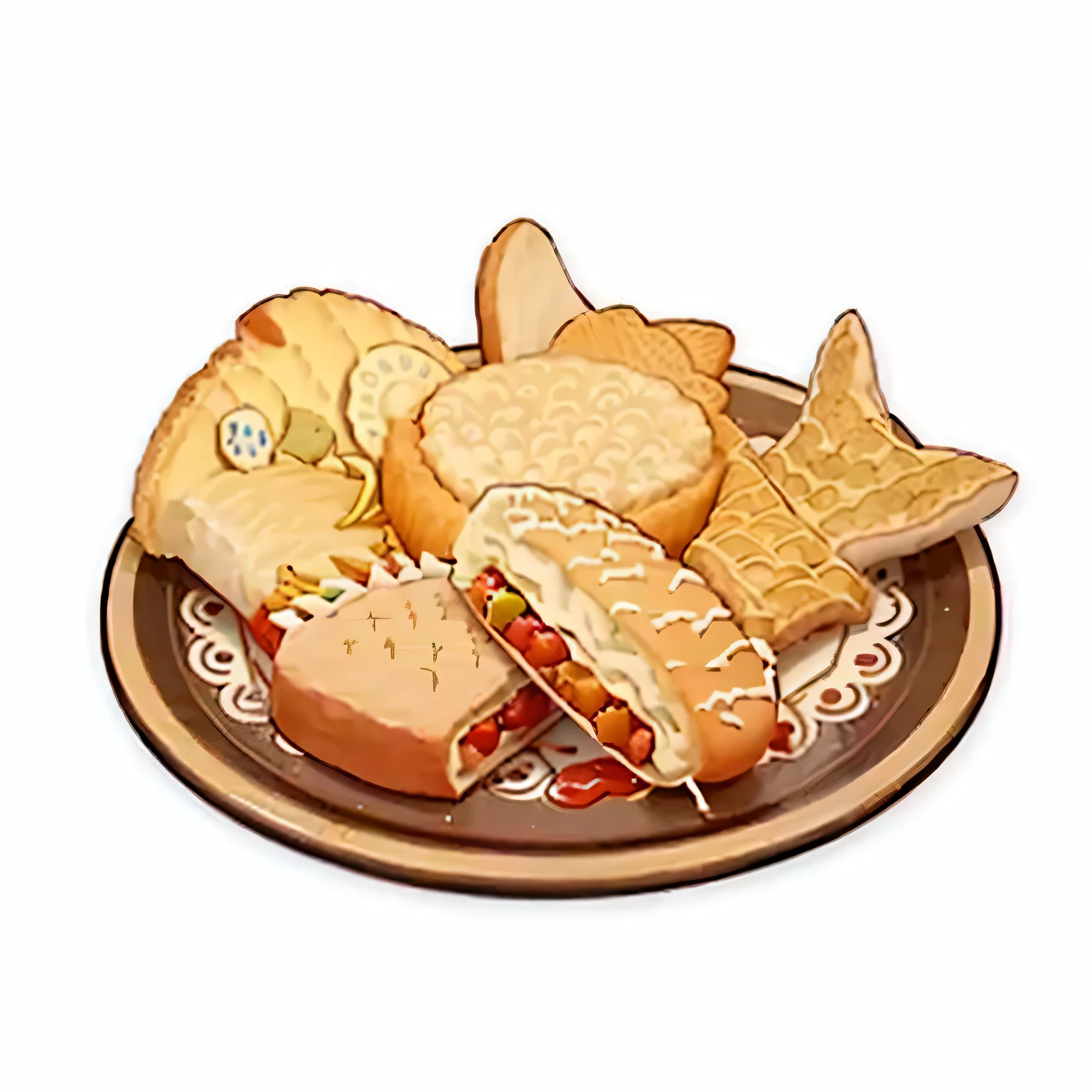 There are two fish-shaped cookies and a hot dog on the plate, Loaves and Fishes, ❤🔥🍄🌪, author:Ni Yuanlu, author:shore long, author:Travel in Kana, by Qu Leilei, Otsutsuki Momoshiki, 8K!!, tasty, traditional, Shogakukan
