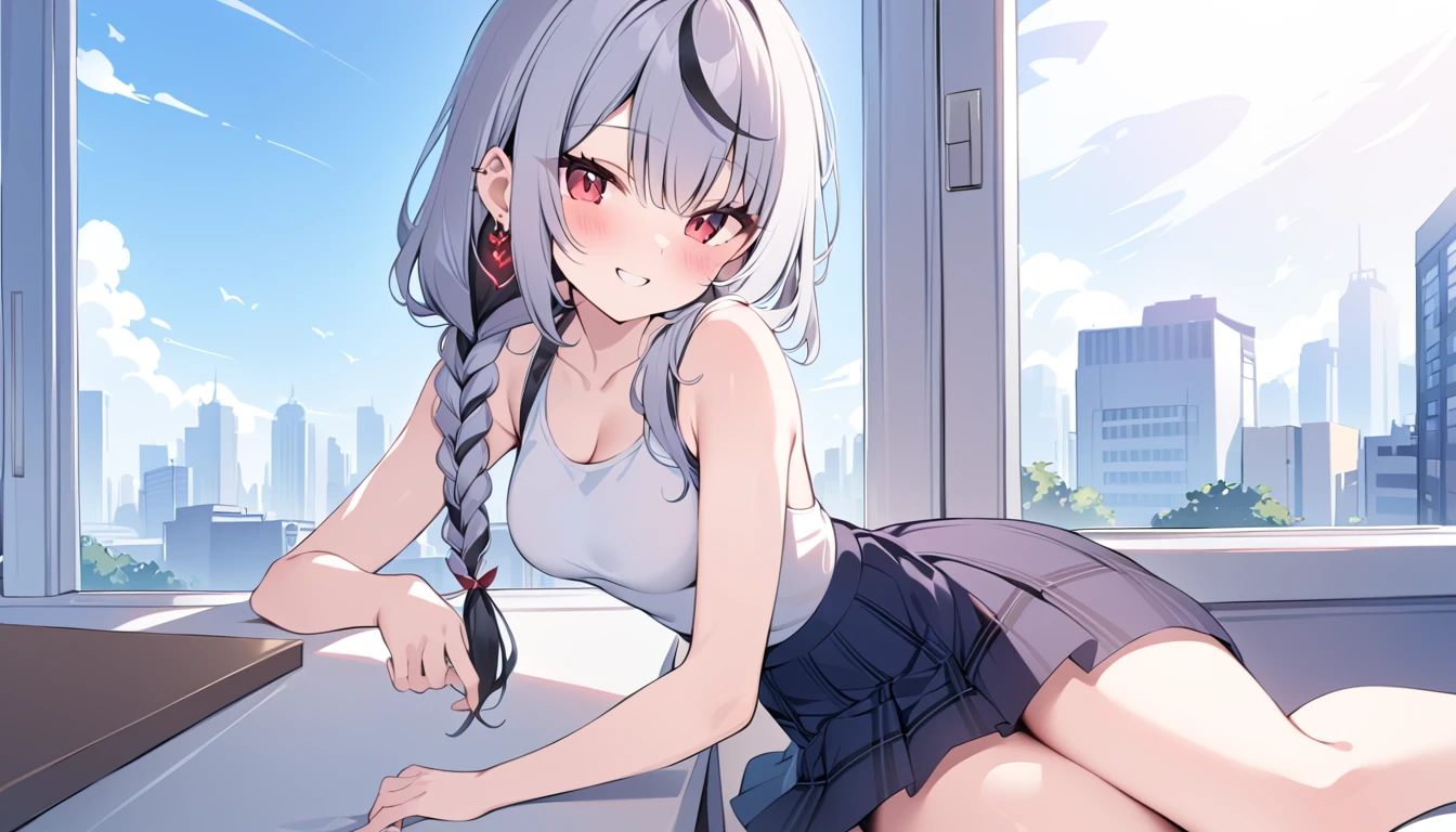Seraphim, skirt,View your viewers,sitting on the window sill,One girl ,Red eyes, , Multicolored Hair, Grey Hair, Striped Hair, hair ornaments, smile, Black Hair, Clothing cutouts, Earrings, Braiding, tooth,Long Hair,masterpiece, High resolution, Octance 4K, Attention to detail