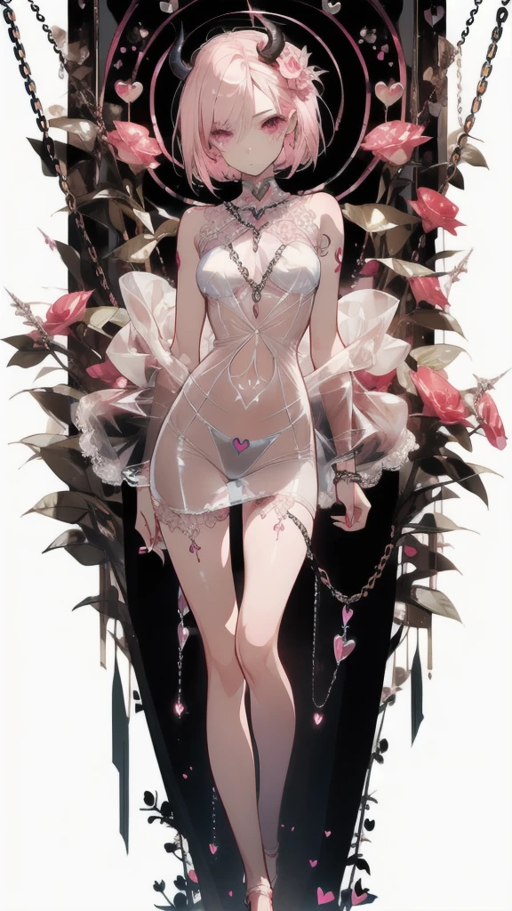 ((masterpiece, best quality)), Delicate face,Succubus,Standing picture,whole body,Perfect body proportions,Long legs,Handsome short hair,Nice pink eyes,Fantasy style,White background,Extremely beautiful,transparent,Transparent_比基尼,NUDE,chain,Tattoo,Lace,Heart-shaped decoration,Dewy holes