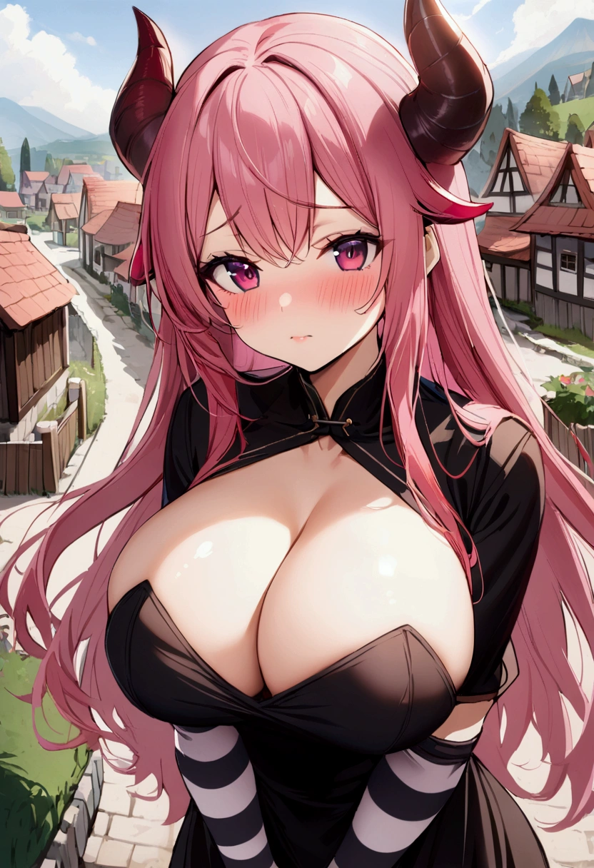 1girl with long pink hair, violet red eyes, two small horns on head, short black dress, big breasts, striped stockings, shy face, village on background, stand