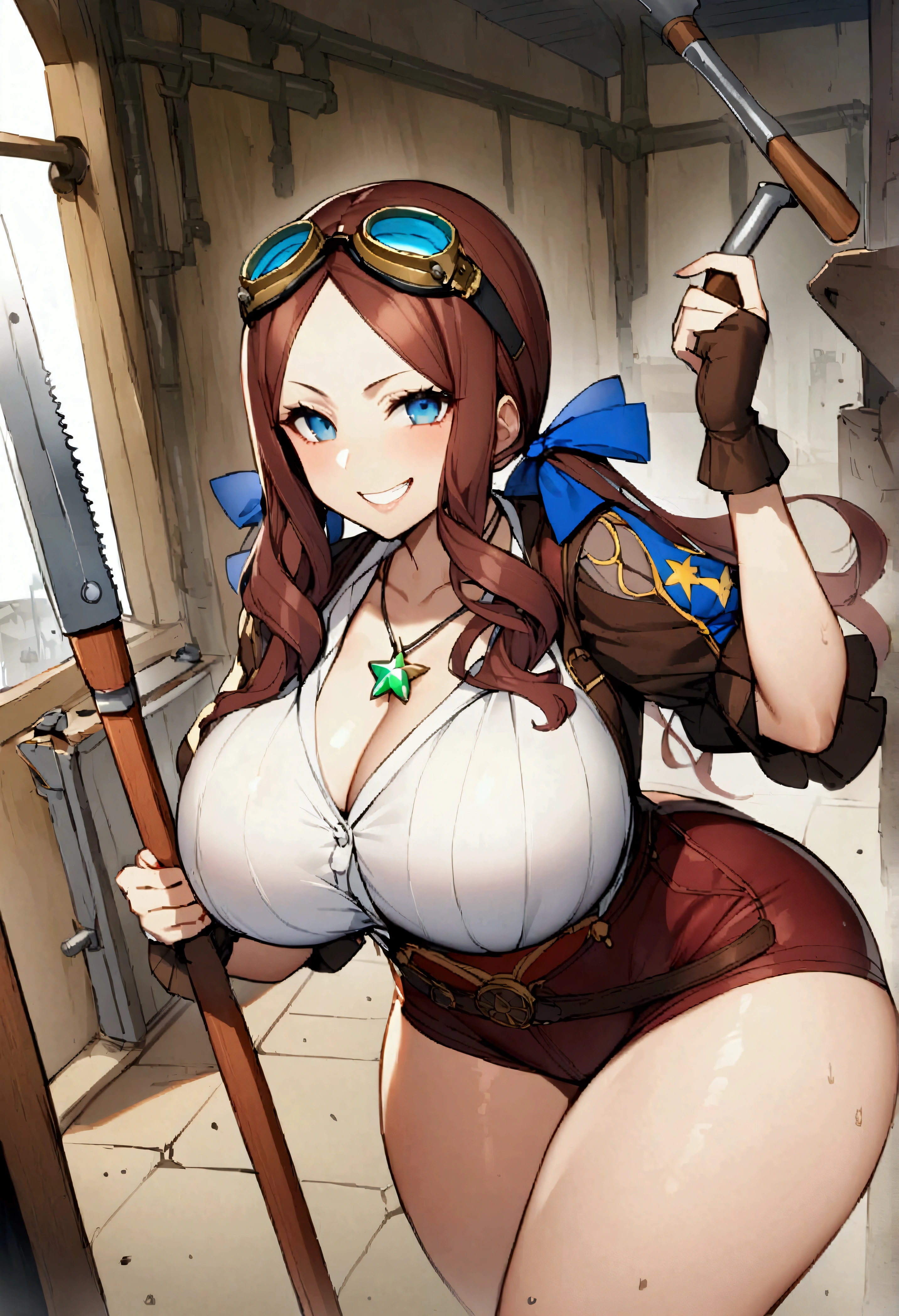 solo、One girl、women only、Huge Ass、Huge breasts、Hyper Chest、Wide hips、Thick thighs、Front view、Leonardo da Vinci、Leonardo da Vinci \(fate\)、Long Hair、bangs、blue eyes、Brown Hair、分けたbangs、Underbust、gem、(esugaki\)、Wicked Smile、teeth、Proud face、(A bust that seems to be bursting)、Twin tails、Red hair ribbon、star \(symbol\)、necklace、Goggles on head、Leather Apron、Jumpsuit workwear、Inventor、belt、factory、Covered in dust、tool