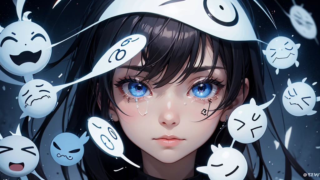 Create an image of series of crying eyes symbols, surrounded by plus signs representing the desire for more.
