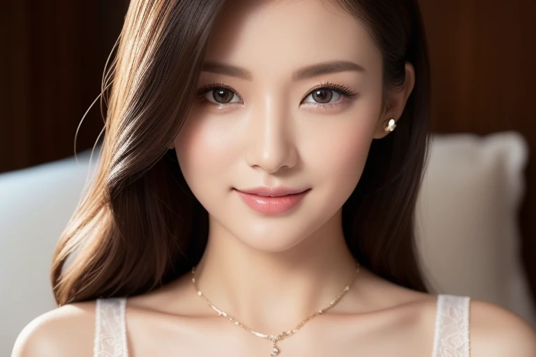 korean woman、goddess、perfect body、charming、Length of skin and fabric、small mouth、Fine lip texture、detailed eye texture、narrow eyeball、Long eyelashes、Double eyelids、breast closeup、Fully wrapped around the chest、Full cup design bra、Full cup bra、smile、15 degree direction of viewing the camera、hotel bed、8ก、Highest picture quality、Masterpiece、high definition: 1.2、Photo of a beautiful woman on a feminine and elegant style theme.、Light set、soft dress、Women's dresses、elegant dress、Light blue dress、draped cloth、wide waist、Upper body in a Light set、elegant dress、Chiffon dress、Dress、Dress