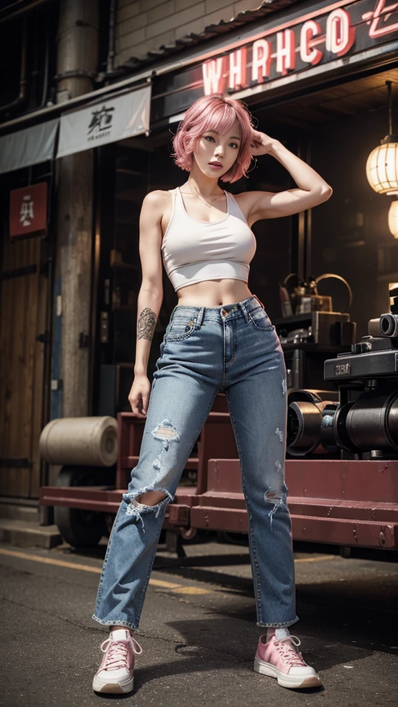 Cute Japanese woman, (16 years old), (very cute face: 1.3), red lips, white moist skin, mole, melancholy expression, (glasses: 1.2),
BREAK,
Female fitness model body, hard-toned feminine body, (muscles: 1.2), (beautiful belly button),
BREAK,
Martial artist, kung fu fighter, idol,
BREAK,
(oversized jeans: 1.3), (tank top), (white sneakers: 1.3), very large earrings, short length,
BREAK,
Short hair, (short bob hair), (bangs: 1.2), (black hair: 1.3), (wavy hair),
BREAK,
(very large machine gun: 1.4), (holding machine gun: 1.3), (fighting: 1.2), (taking a fighting stance), (firing machine gun: 1.2)
BREAK,
(Japanese tattoo: 1.4),
BREAK,
Masterpiece, Perfect lighting, Ultra high resolution, 8K, (Highly detailed:1.4), (Front view), Looking at camera,
BREAK,
(Red and white big radio tower:1.2), (Big radio tower background:1.2), (Neon lights:1.2)