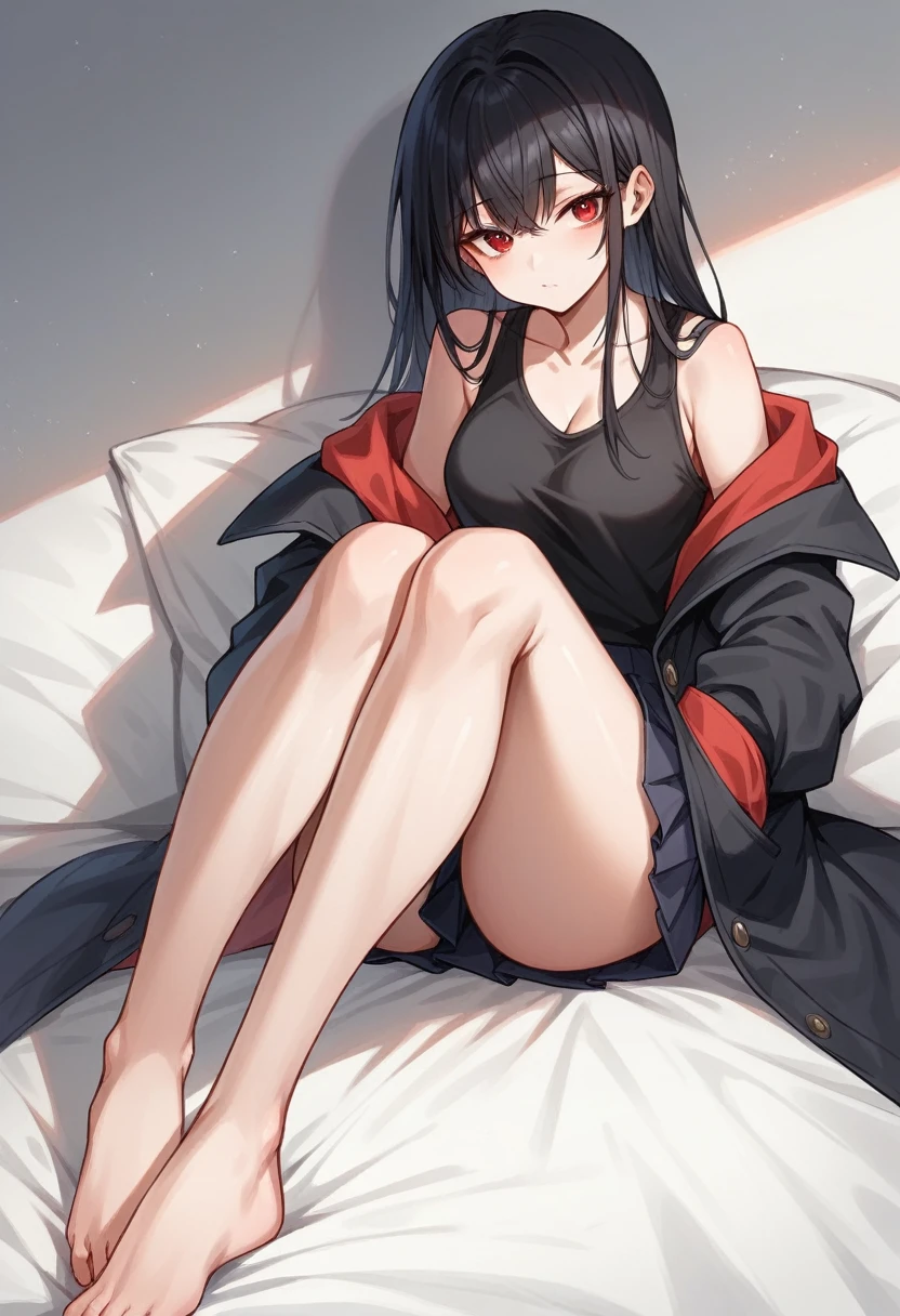 A girl with long black hair is sitting on the bed He is wearing a long coat over a plain black hoodie with a hood Red eyes She is wearing a black pleated skirt tall With bangs Beautiful face Thin legs Smooth, long, straight hair Long and narrow face With waistline A little bit of cleavage is visible Keeping your left hand in your pocket Anime Style hair longer than shoulders Crossing your legs