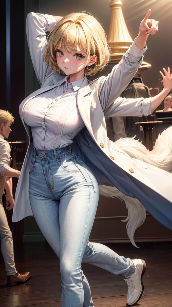 (masterpiece, highest quality, ultra high res, ultra detailed:1.3), 1 cute girl, ideal ratio body proportions, blonde short hair, white shirt, brown jacket, blue denim pants, (dancing with wolves:1.2), (dancing wolves:1.4), wilderness, 