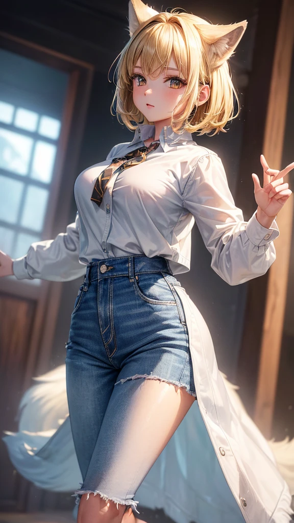 (masterpiece, highest quality, ultra high res, ultra detailed:1.3), 1 cute girl, ideal ratio body proportions, blonde short hair, white shirt, brown jacket, blue denim pants, (dancing with wolves:1.2), (dancing wolves:1.4), wilderness,